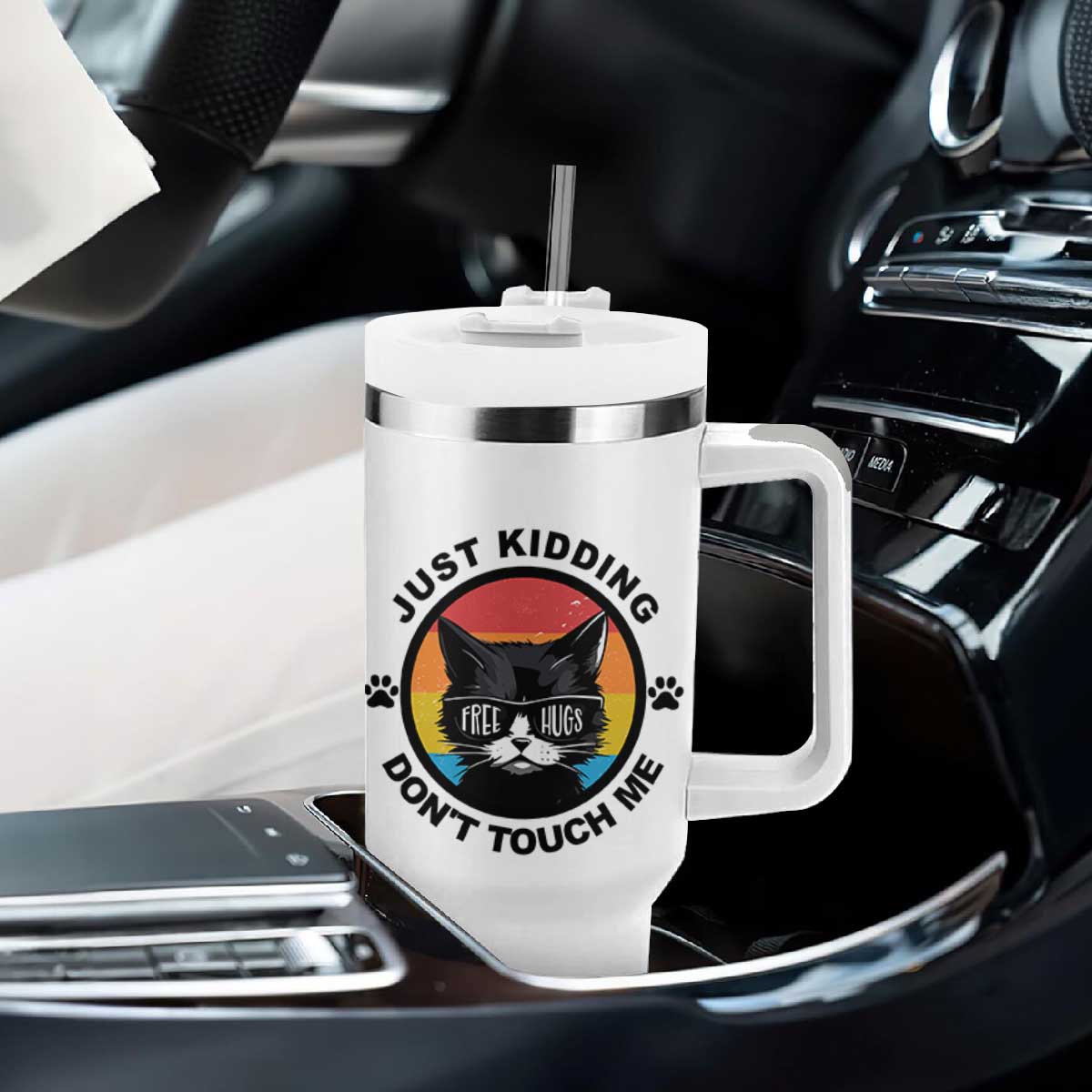 Black Cat Lovers Tumbler With Handle Free Hugs Just Kidding Do Not Touch Me Gift TS12 Print Your Wear