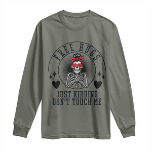 Funny Skeleton Sarcastic Gift Long Sleeve Shirt Free Hugs Do Not Touch Me TS12 Military Green Print Your Wear