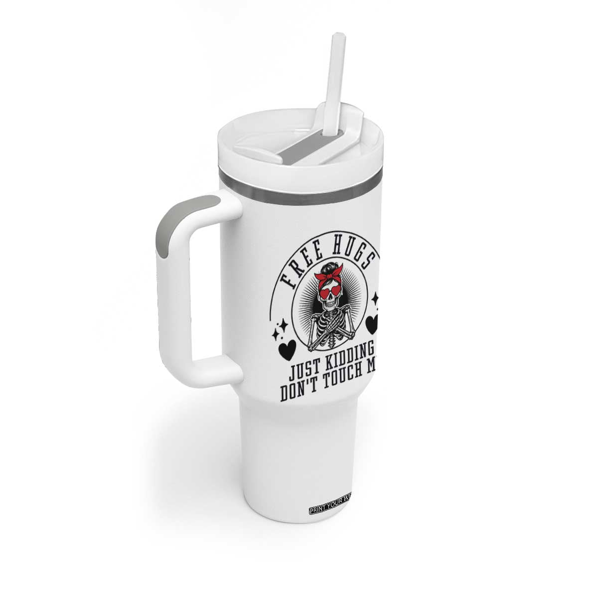 Funny Skeleton Sarcastic Gift Tumbler With Handle Free Hugs Do Not Touch Me TS12 Print Your Wear