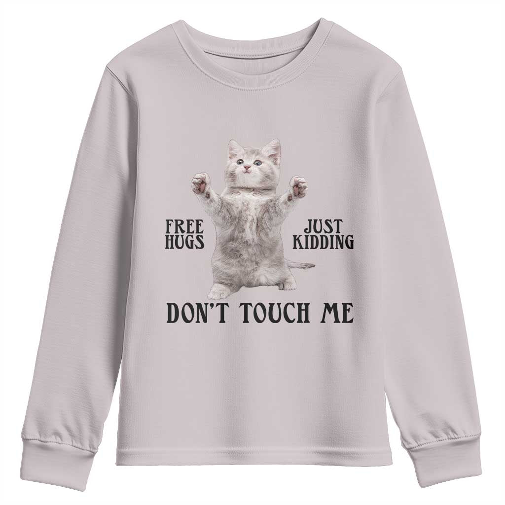 Free Hugs Do Not Touch Me Youth Sweatshirt Funny Cat Meme TS12 Ice Gray Print Your Wear