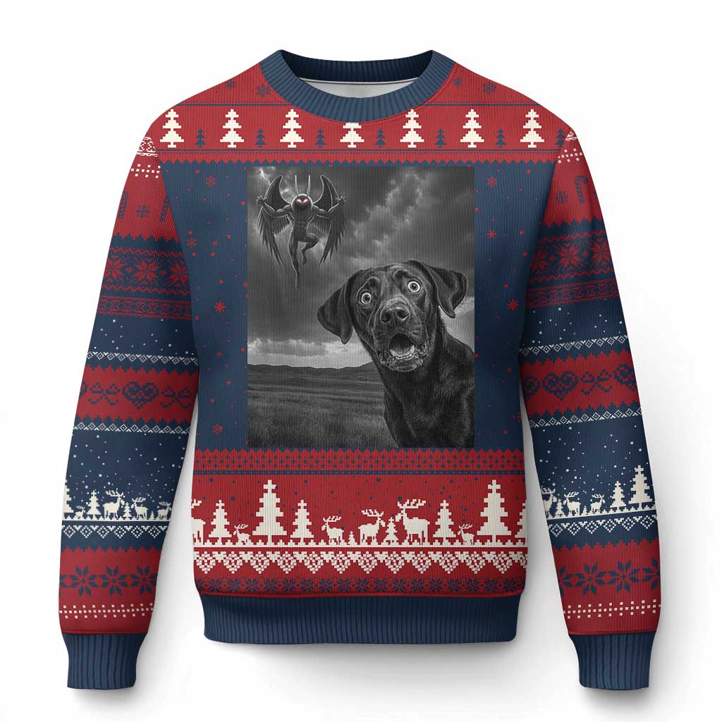 Funny Labrador Selfie With Mothman Ugly Christmas Sweater Cryptid Gift TS12 Navy Red Print Your Wear