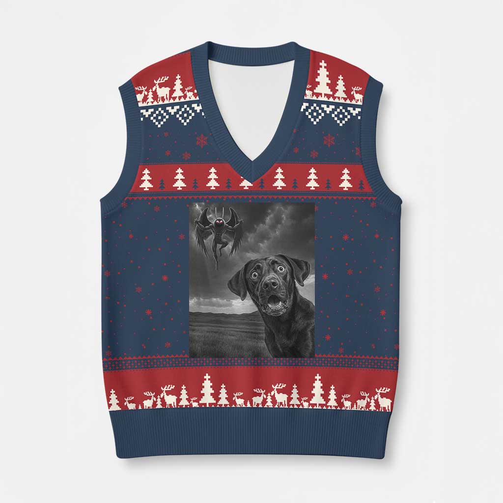 Funny Labrador Selfie With Mothman V-Neck Knit Sweater Vest Cryptid Gift TS12 Navy Red Print Your Wear