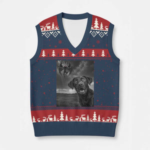 Funny Labrador Selfie With Mothman V-Neck Knit Sweater Vest Cryptid Gift TS12 Navy Red Print Your Wear