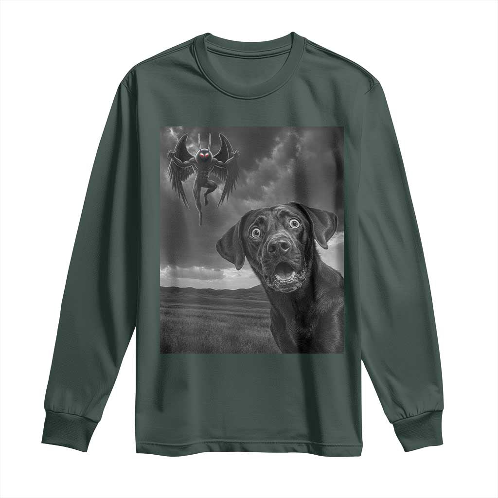 Funny Labrador Selfie With Mothman Long Sleeve Shirt Cryptid Gift TS12 Dark Forest Green Print Your Wear