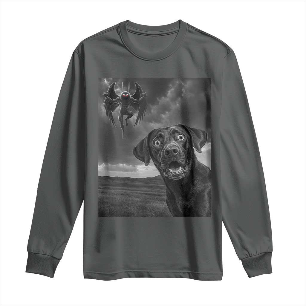 Funny Labrador Selfie With Mothman Long Sleeve Shirt Cryptid Gift TS12 Dark Heather Print Your Wear