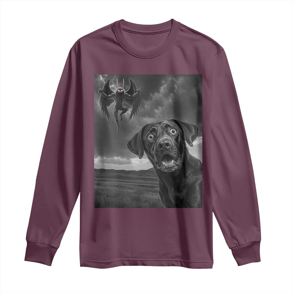 Funny Labrador Selfie With Mothman Long Sleeve Shirt Cryptid Gift TS12 Maroon Print Your Wear