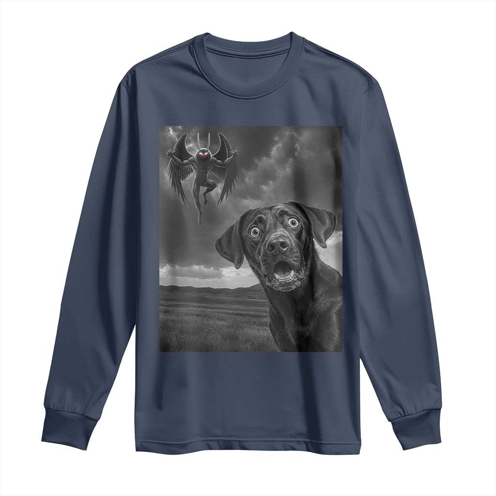 Funny Labrador Selfie With Mothman Long Sleeve Shirt Cryptid Gift TS12 Navy Print Your Wear