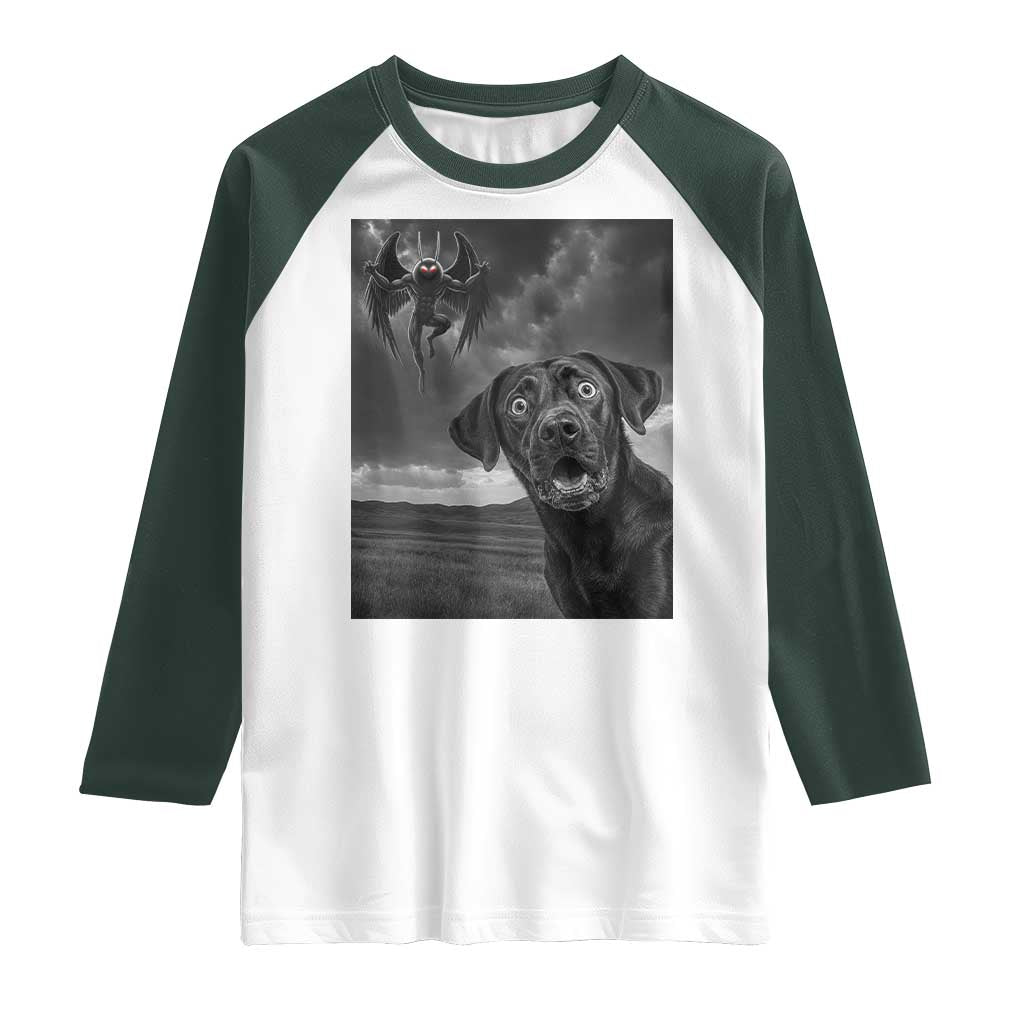 Funny Labrador Selfie With Mothman Raglan Shirt Cryptid Gift TS12 White Dark Forest Green Print Your Wear
