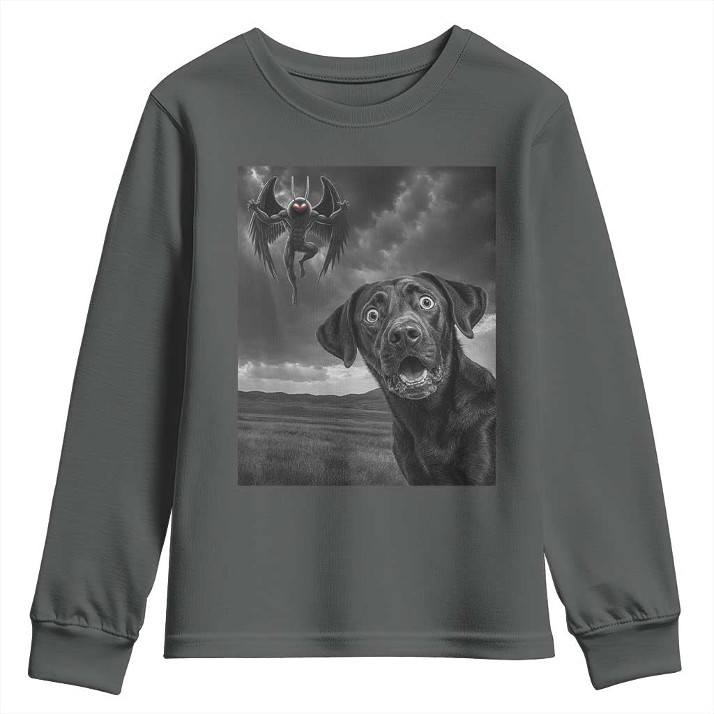 Funny Labrador Selfie With Mothman Youth Sweatshirt Cryptid Gift TS12 Dark Heather Print Your Wear