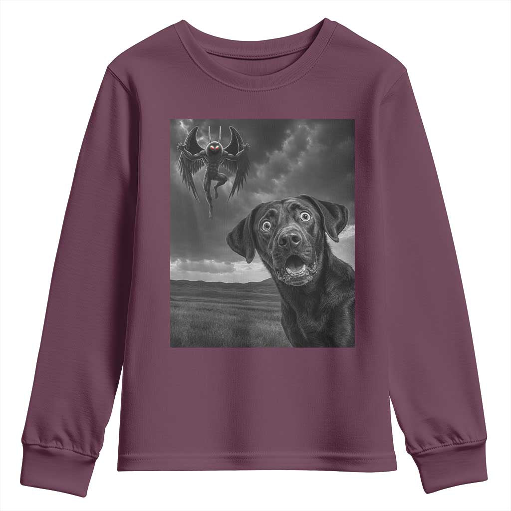 Funny Labrador Selfie With Mothman Youth Sweatshirt Cryptid Gift TS12 Maroon Print Your Wear