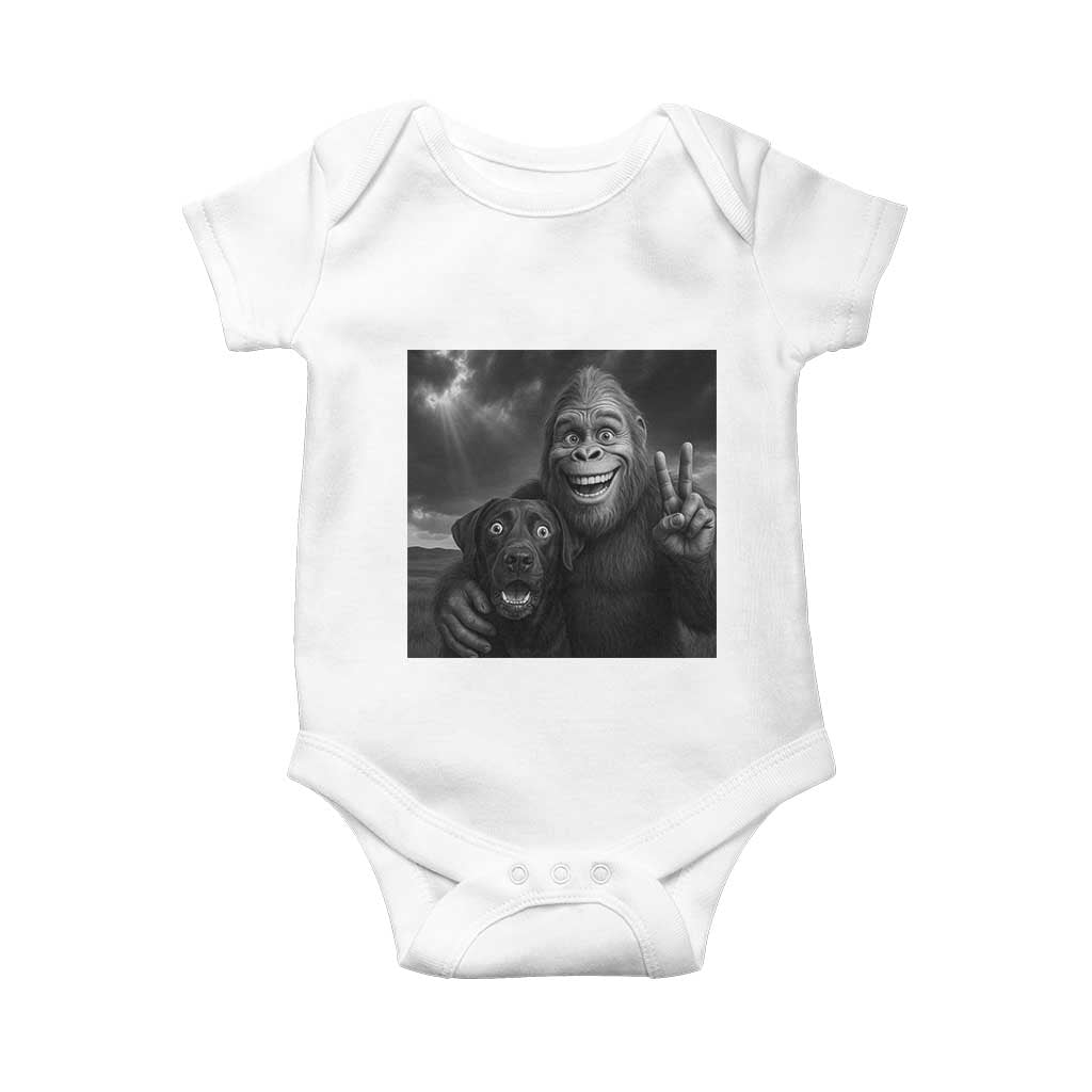Cute Labrador Selfie With Bigfoot Baby Onesie Funny Cryptid TS12 White Print Your Wear