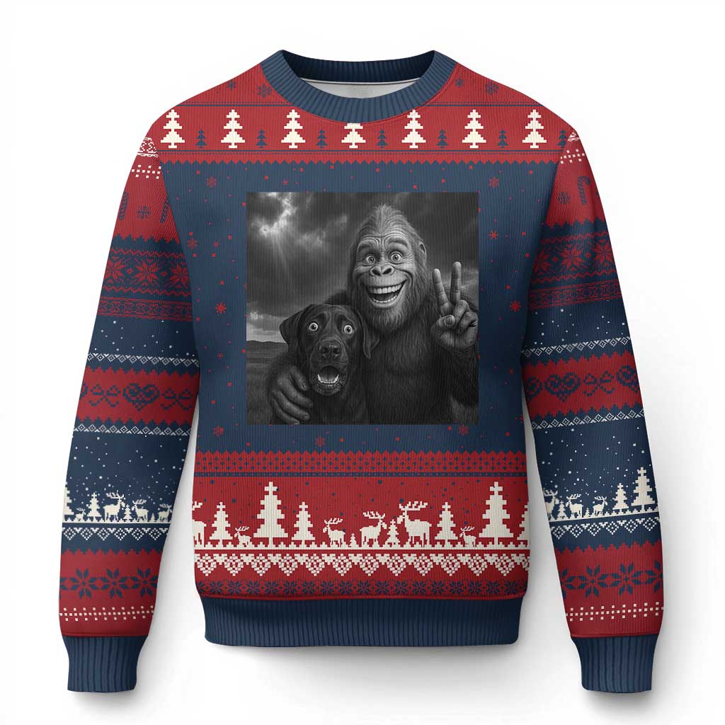 Cute Labrador Selfie With Bigfoot Ugly Christmas Sweater Funny Cryptid - Print Your Wear