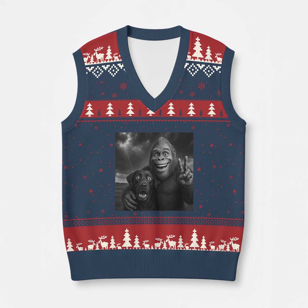 Cute Labrador Selfie With Bigfoot V-Neck Knit Sweater Vest Funny Cryptid TS12 Navy Red Print Your Wear