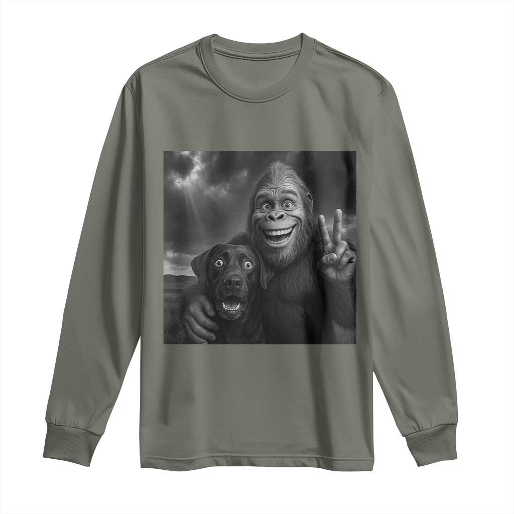 Cute Labrador Selfie With Bigfoot Long Sleeve Shirt Funny Cryptid TS12 Military Green Print Your Wear