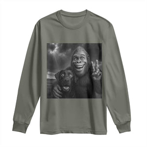 Cute Labrador Selfie With Bigfoot Long Sleeve Shirt Funny Cryptid TS12 Military Green Print Your Wear
