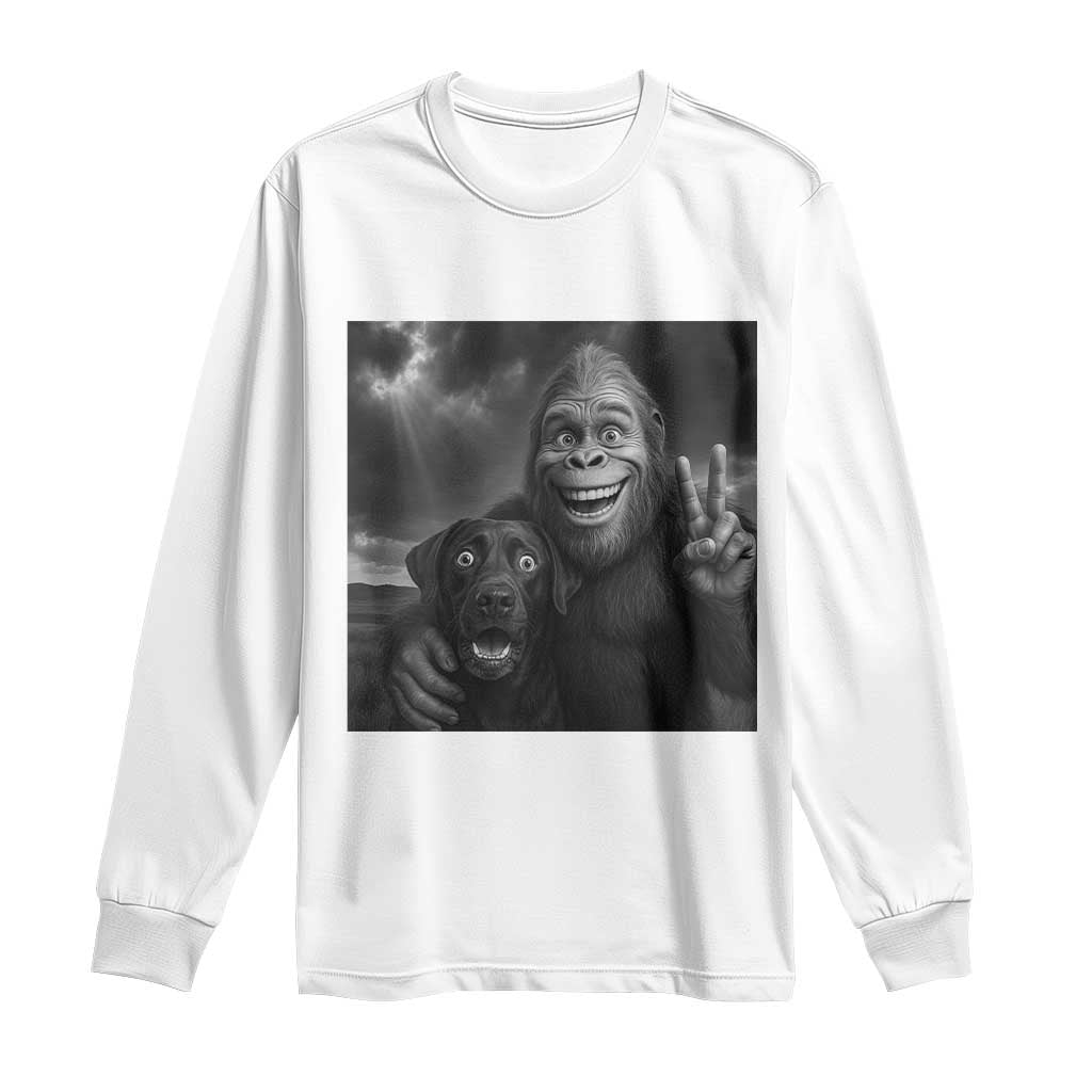 Cute Labrador Selfie With Bigfoot Long Sleeve Shirt Funny Cryptid TS12 White Print Your Wear