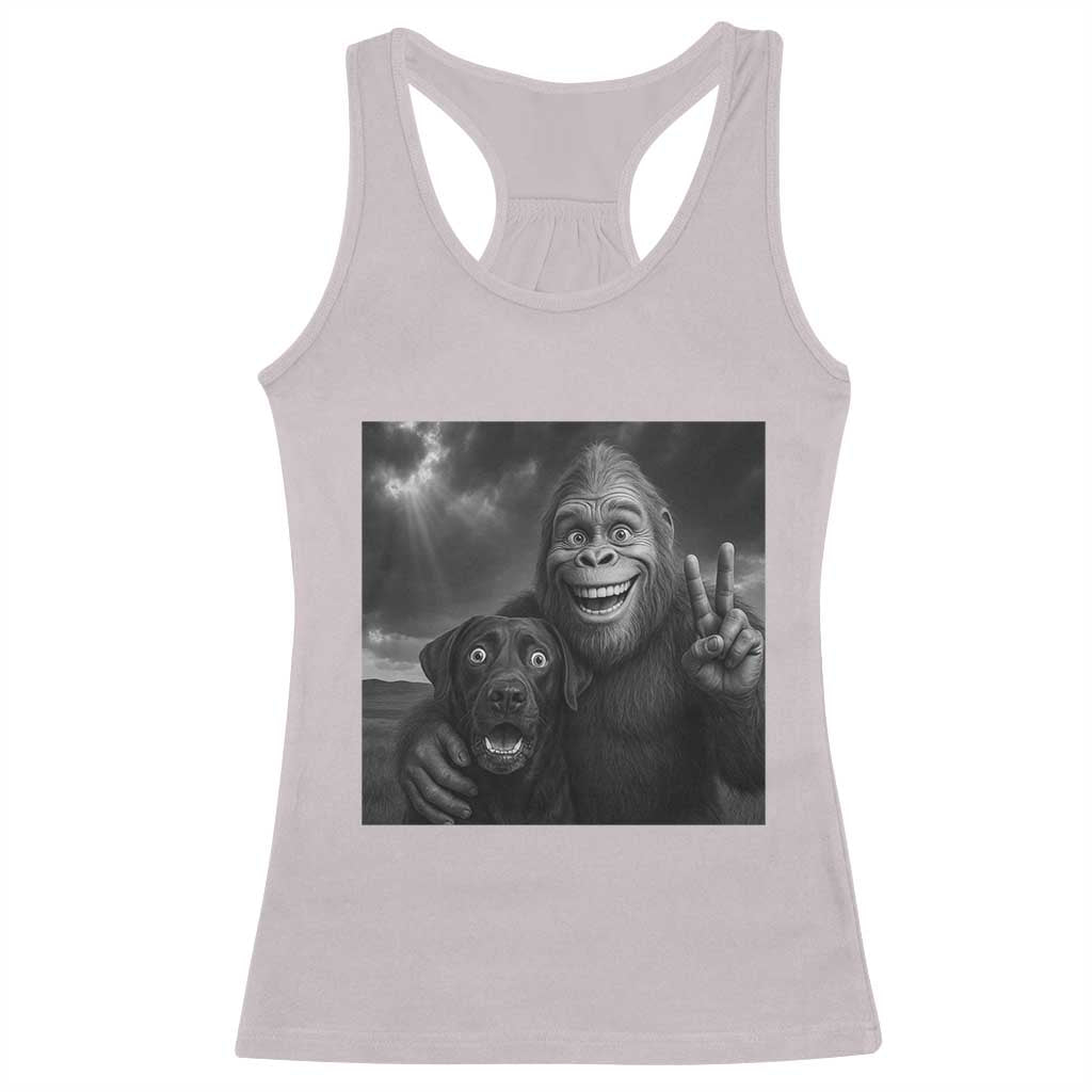 Cute Labrador Selfie With Bigfoot Racerback Tank Top Funny Cryptid TS12 Ice Gray Print Your Wear