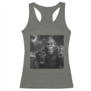 Cute Labrador Selfie With Bigfoot Racerback Tank Top Funny Cryptid TS12 Military Green Print Your Wear