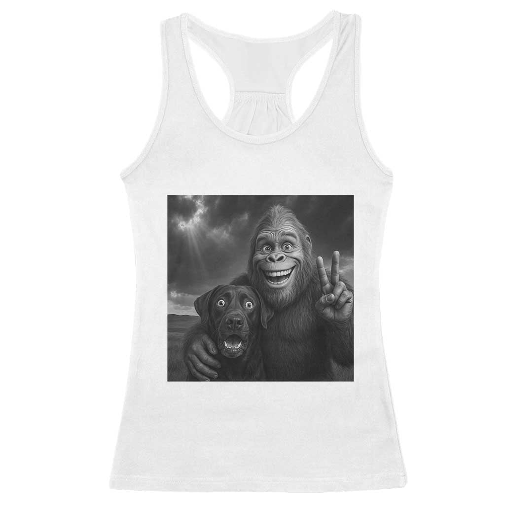 Cute Labrador Selfie With Bigfoot Racerback Tank Top Funny Cryptid - Print Your Wear