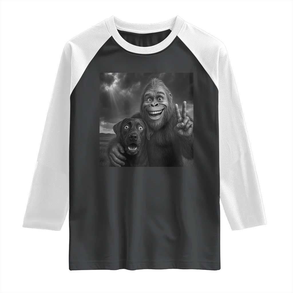 Cute Labrador Selfie With Bigfoot Raglan Shirt Funny Cryptid TS12 Black White Print Your Wear