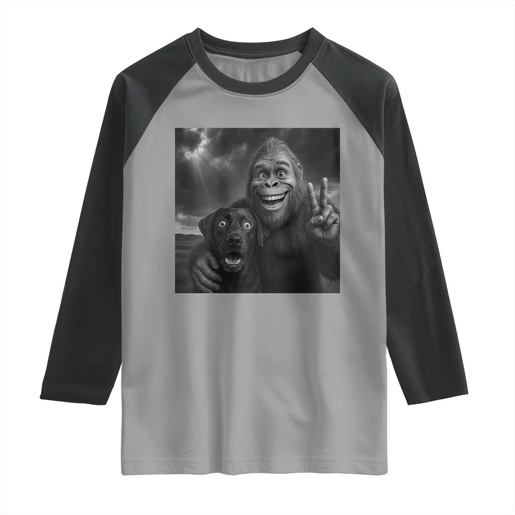 Cute Labrador Selfie With Bigfoot Raglan Shirt Funny Cryptid TS12 Sport Gray Black Print Your Wear