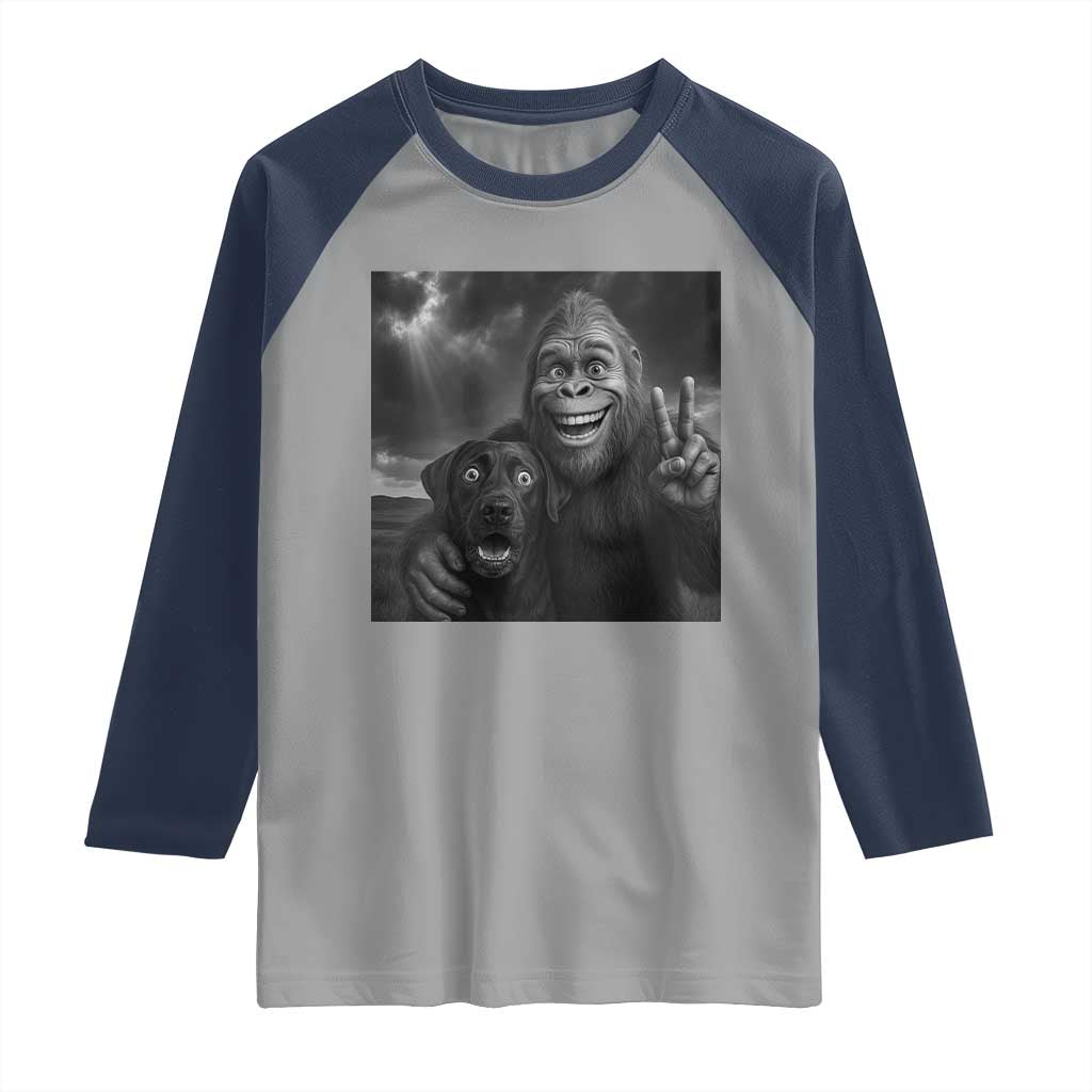 Cute Labrador Selfie With Bigfoot Raglan Shirt Funny Cryptid TS12 Sport Gray Navy Print Your Wear
