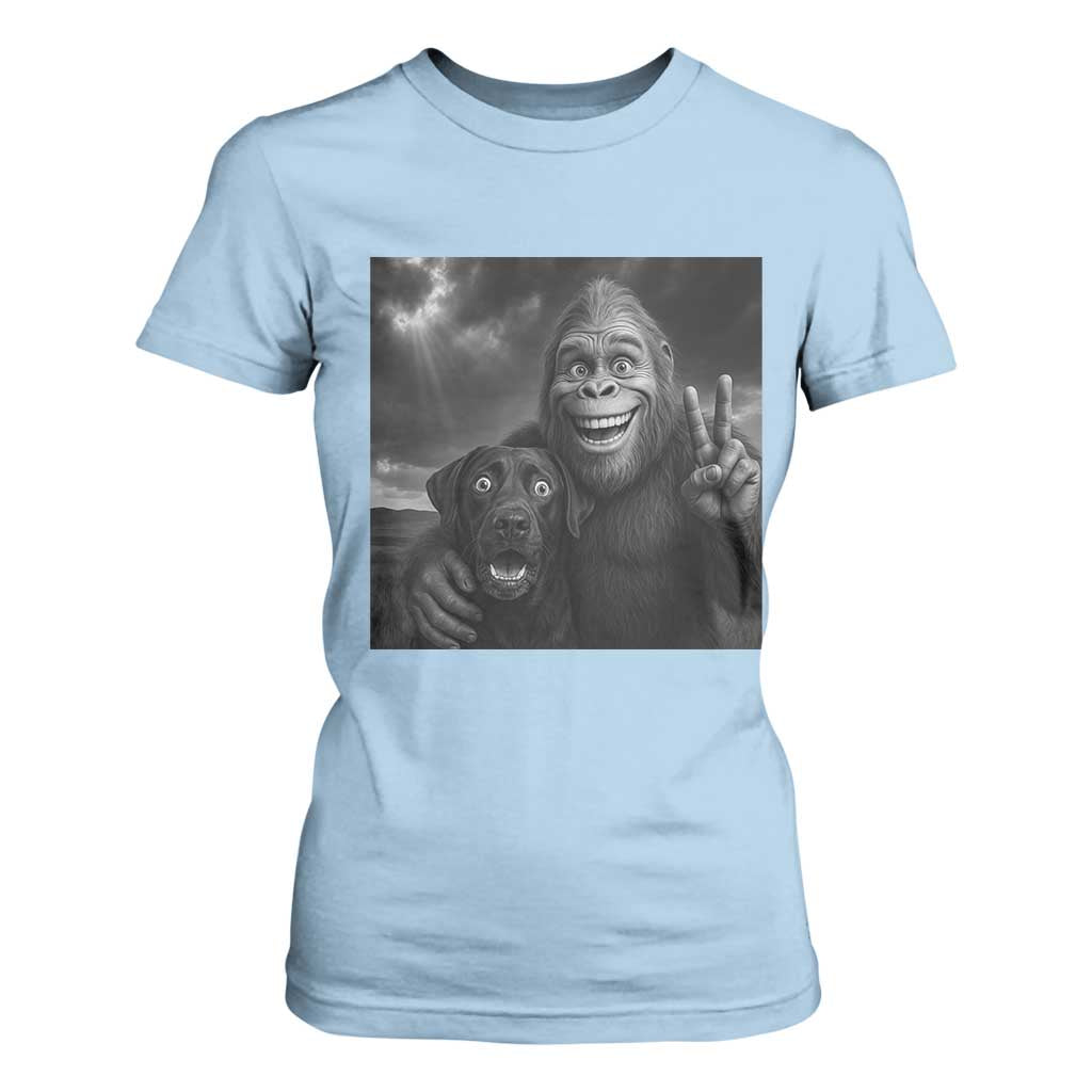 Cute Labrador Selfie With Bigfoot T Shirt For Women Funny Cryptid TS12 Light Blue Print Your Wear