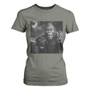 Cute Labrador Selfie With Bigfoot T Shirt For Women Funny Cryptid TS12 Military Green Print Your Wear