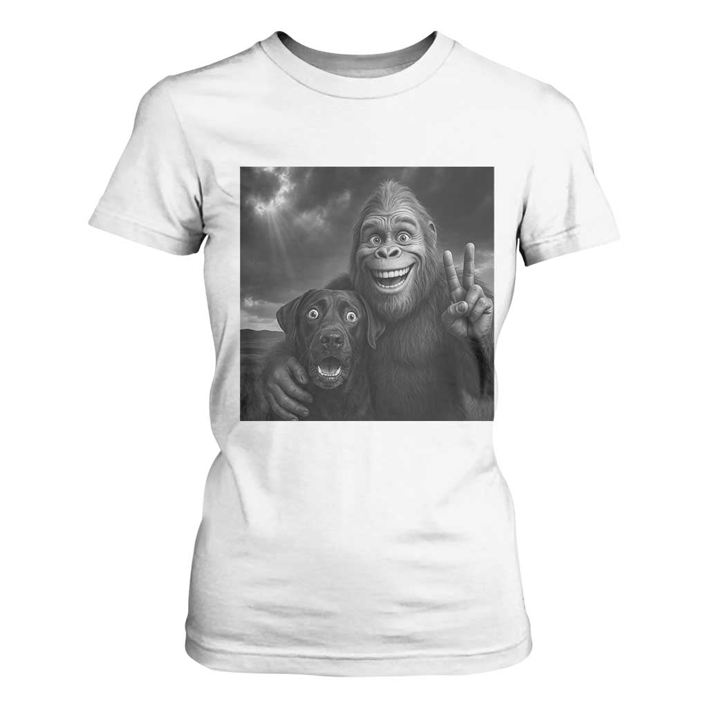 Cute Labrador Selfie With Bigfoot T Shirt For Women Funny Cryptid TS12 White Print Your Wear