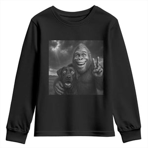 Cute Labrador Selfie With Bigfoot Youth Sweatshirt Funny Cryptid TS12 Black Print Your Wear