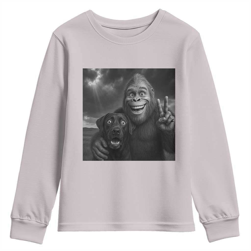 Cute Labrador Selfie With Bigfoot Youth Sweatshirt Funny Cryptid TS12 Ice Gray Print Your Wear