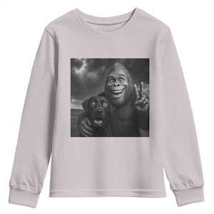 Cute Labrador Selfie With Bigfoot Youth Sweatshirt Funny Cryptid TS12 Ice Gray Print Your Wear