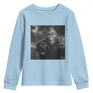 Cute Labrador Selfie With Bigfoot Youth Sweatshirt Funny Cryptid TS12 Light Blue Print Your Wear