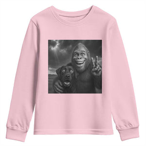 Cute Labrador Selfie With Bigfoot Youth Sweatshirt Funny Cryptid TS12 Light Pink Print Your Wear