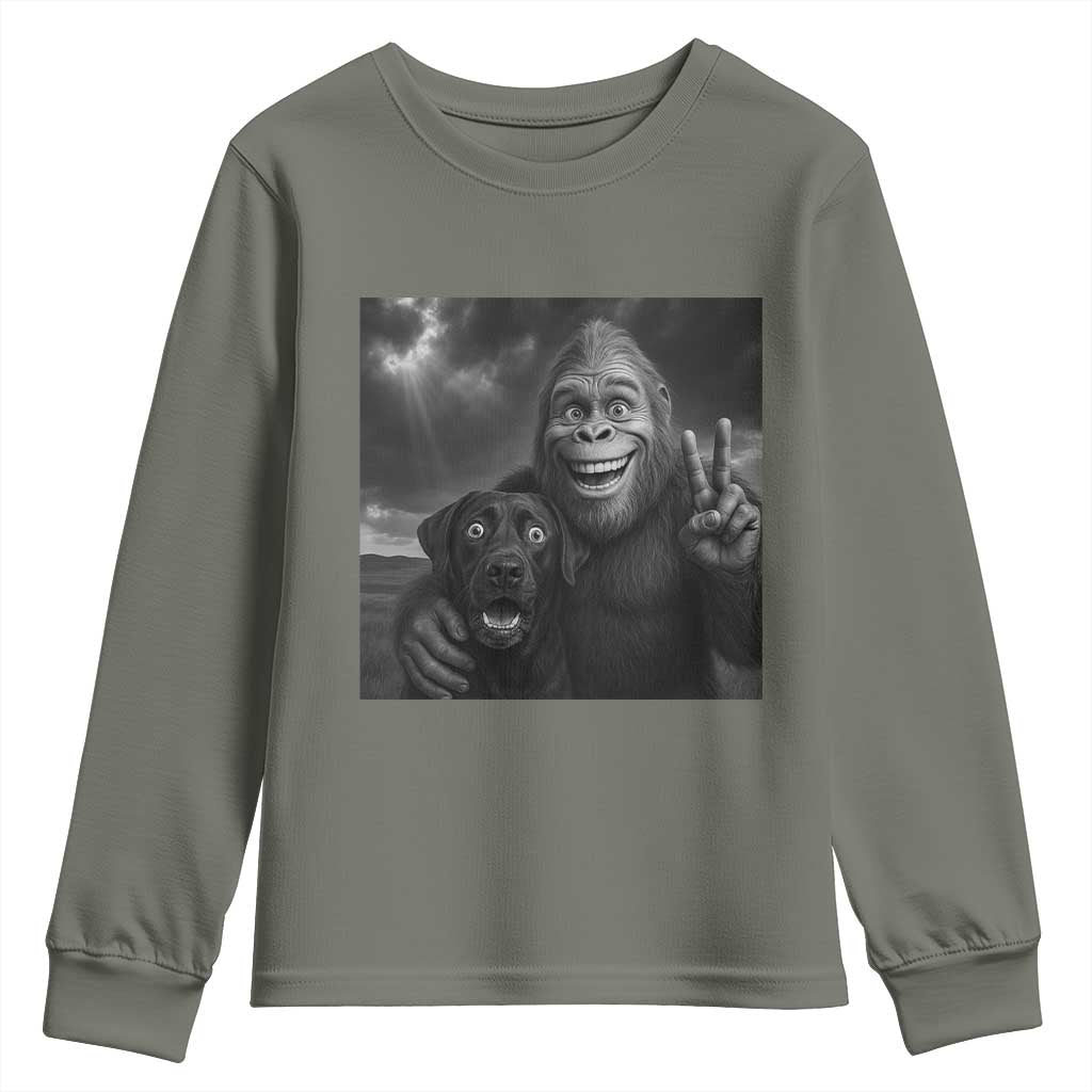 Cute Labrador Selfie With Bigfoot Youth Sweatshirt Funny Cryptid TS12 Military Green Print Your Wear
