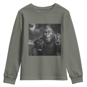 Cute Labrador Selfie With Bigfoot Youth Sweatshirt Funny Cryptid TS12 Military Green Print Your Wear