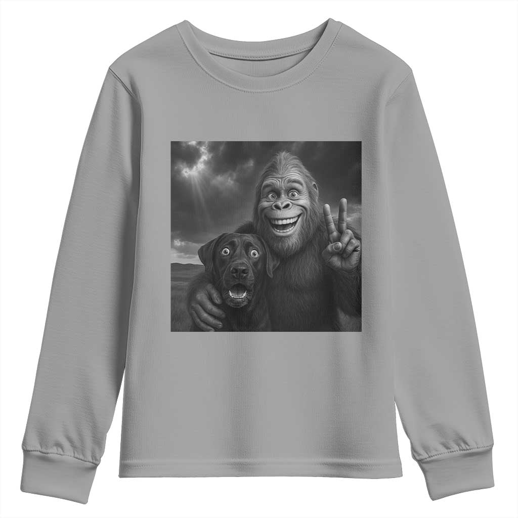Cute Labrador Selfie With Bigfoot Youth Sweatshirt Funny Cryptid TS12 Sport Gray Print Your Wear