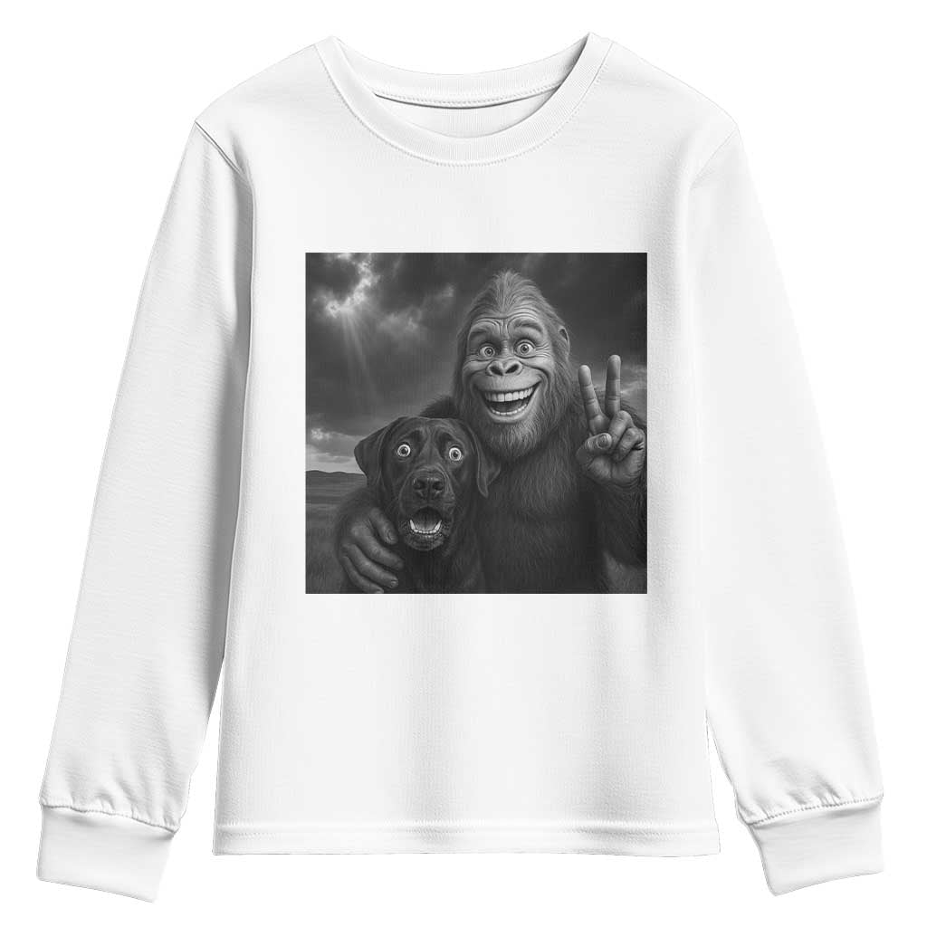 Cute Labrador Selfie With Bigfoot Youth Sweatshirt Funny Cryptid TS12 White Print Your Wear