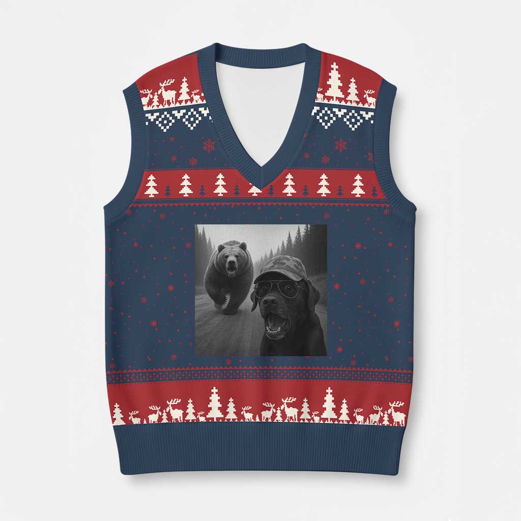 Funny Labrador Selfie With Bear V-Neck Knit Sweater Vest Dog Lover Gift TS12 Navy Red Print Your Wear