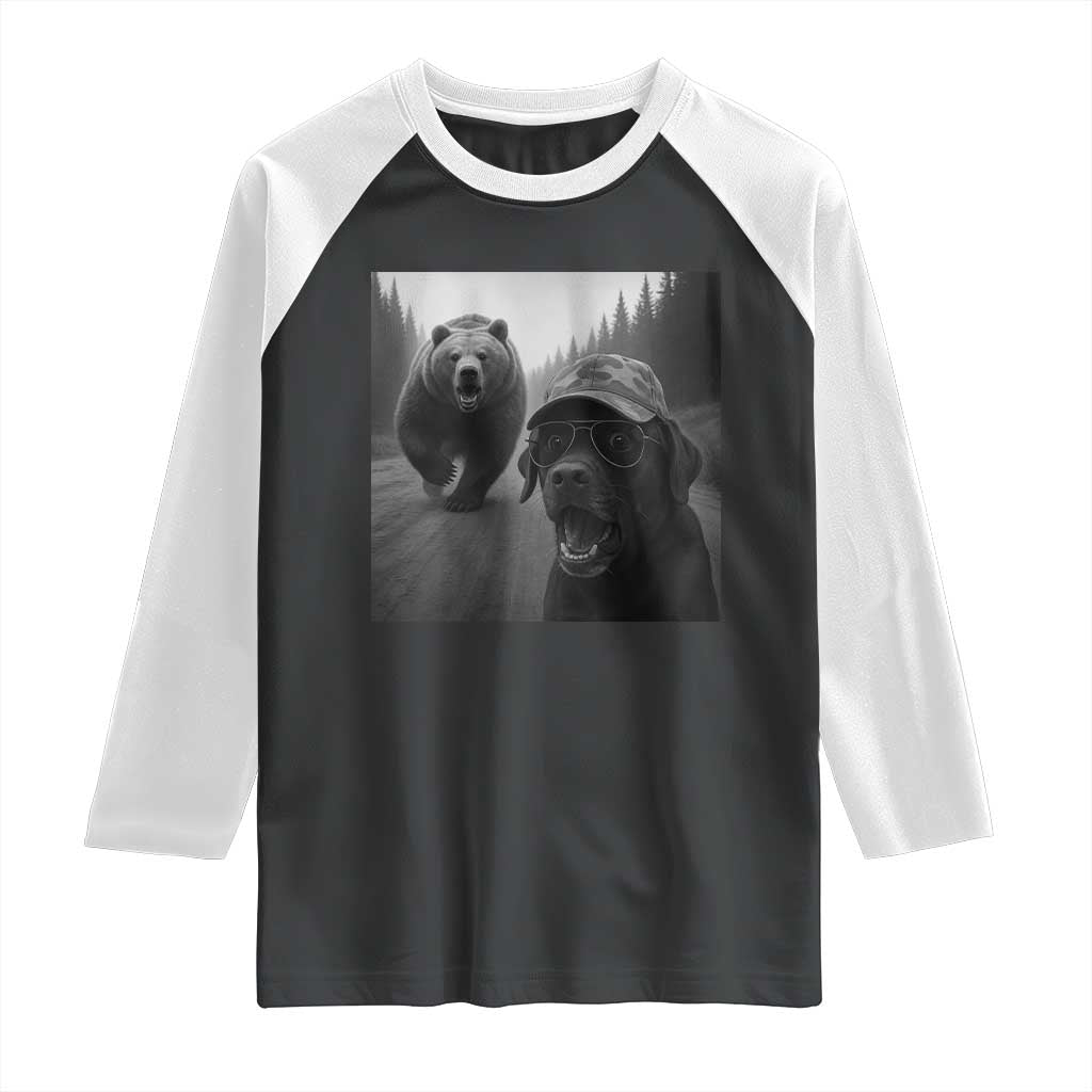 Funny Labrador Selfie With Bear Raglan Shirt Dog Lover Gift TS12 Black White Print Your Wear