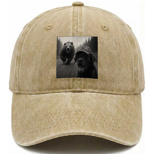 Funny Labrador Selfie With Bear Washed Cotton Baseball Cap Dog Lover Gift TS12 Washed Cap Universal Fit Khaki Print Your Wear