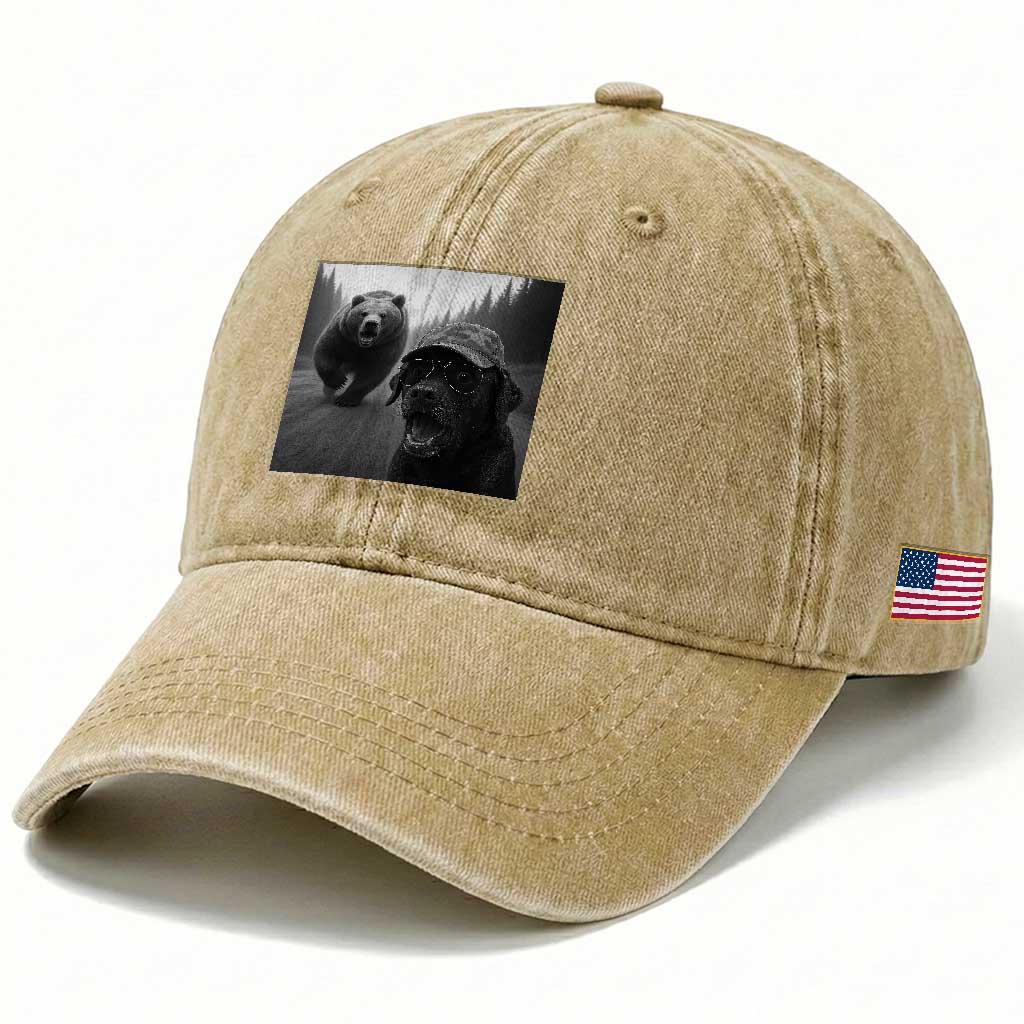 Funny Labrador Selfie With Bear Washed Cotton Baseball Cap Dog Lover Gift TS12 Print Your Wear