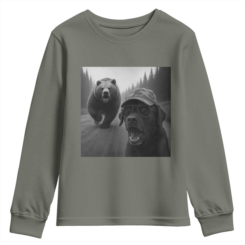 Funny Labrador Selfie With Bear Youth Sweatshirt Dog Lover Gift TS12 Military Green Print Your Wear