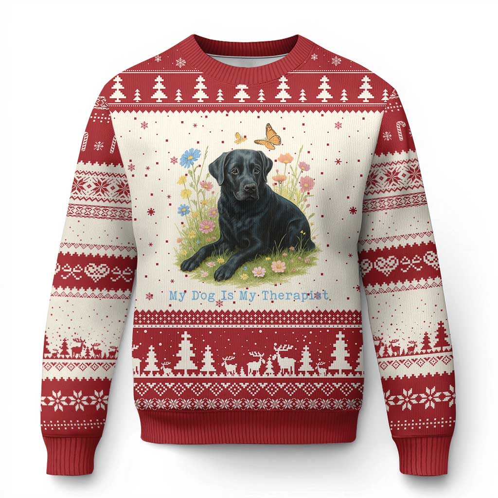 My Dog Is My Therapist Ugly Christmas Sweater Labrador Retriever Lover Gift TS12 Beige Red Print Your Wear