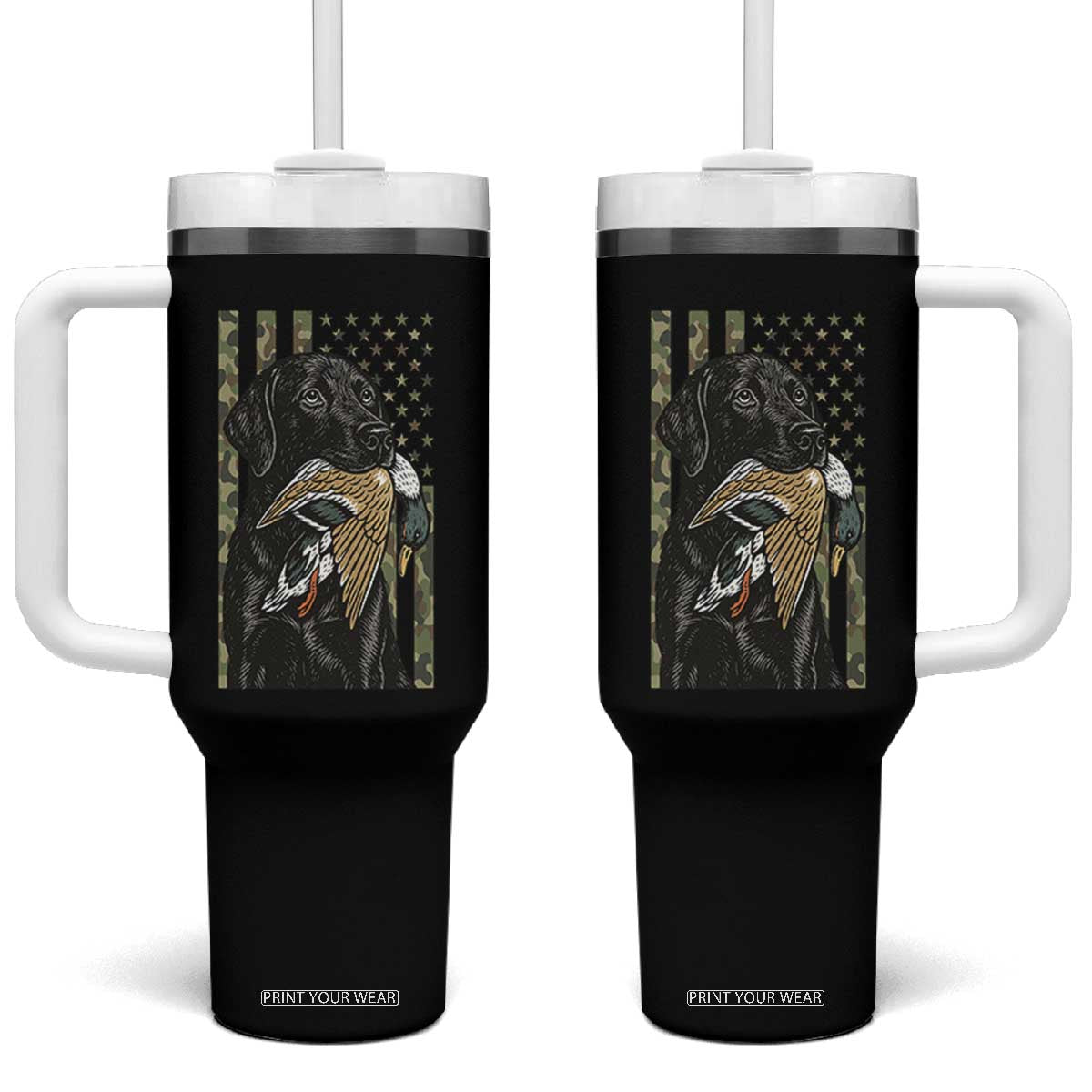 Patriotic Black Lab Tumbler With Handle Hunting Dog American Flag Camo Gift TS12 One Size: 40 oz Black Print Your Wear