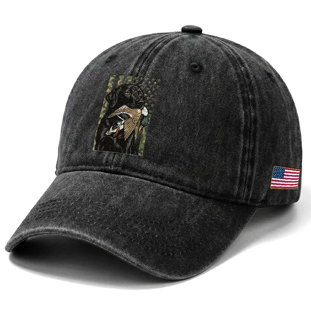 Patriotic Black Lab Washed Cotton Baseball Cap Hunting Dog American Flag Camo Gift TS12 Print Your Wear
