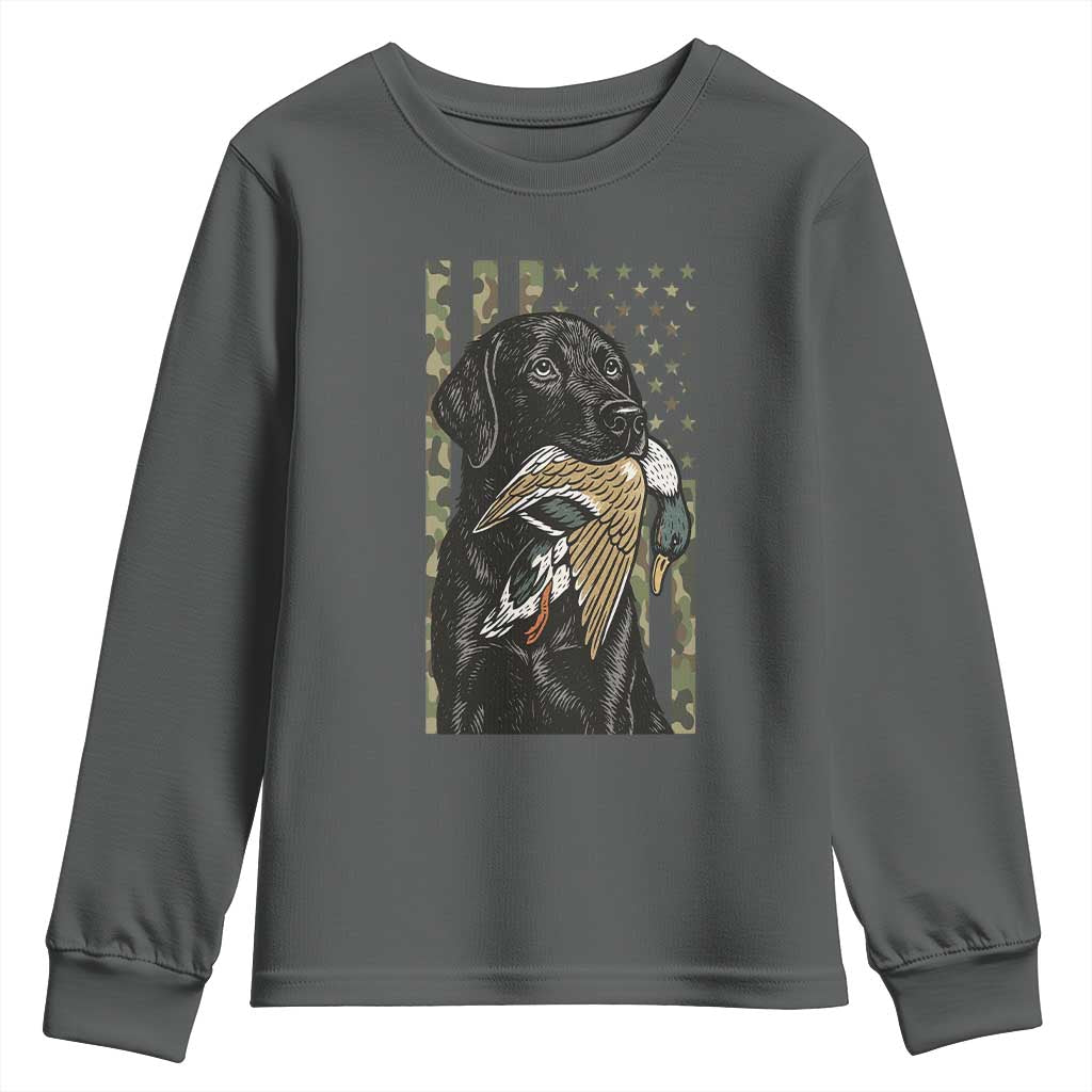 Patriotic Black Lab Youth Sweatshirt Hunting Dog American Flag Camo Gift TS12 Dark Heather Print Your Wear