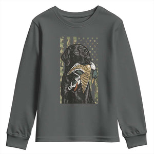 Patriotic Black Lab Youth Sweatshirt Hunting Dog American Flag Camo Gift TS12 Dark Heather Print Your Wear