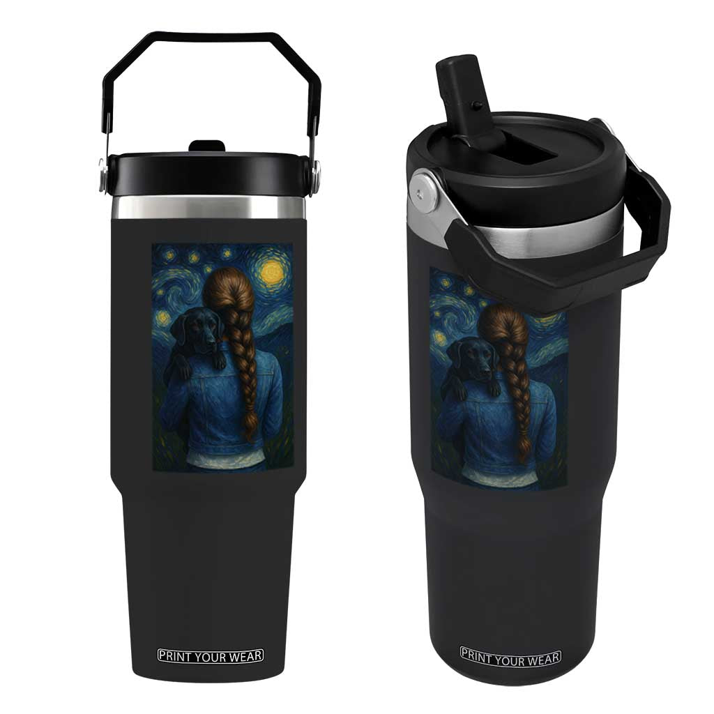 Starry Night Art Parody Flip Straw Tumbler Girl And Labrador Retriever Dog Mom Gift TS12 One Size: 30 oz Black Print Your Wear