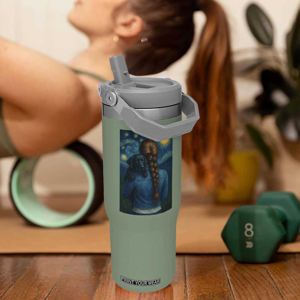 Starry Night Art Parody Flip Straw Tumbler Girl And Labrador Retriever Dog Mom Gift TS12 One Size: 30 oz Moss Green Print Your Wear